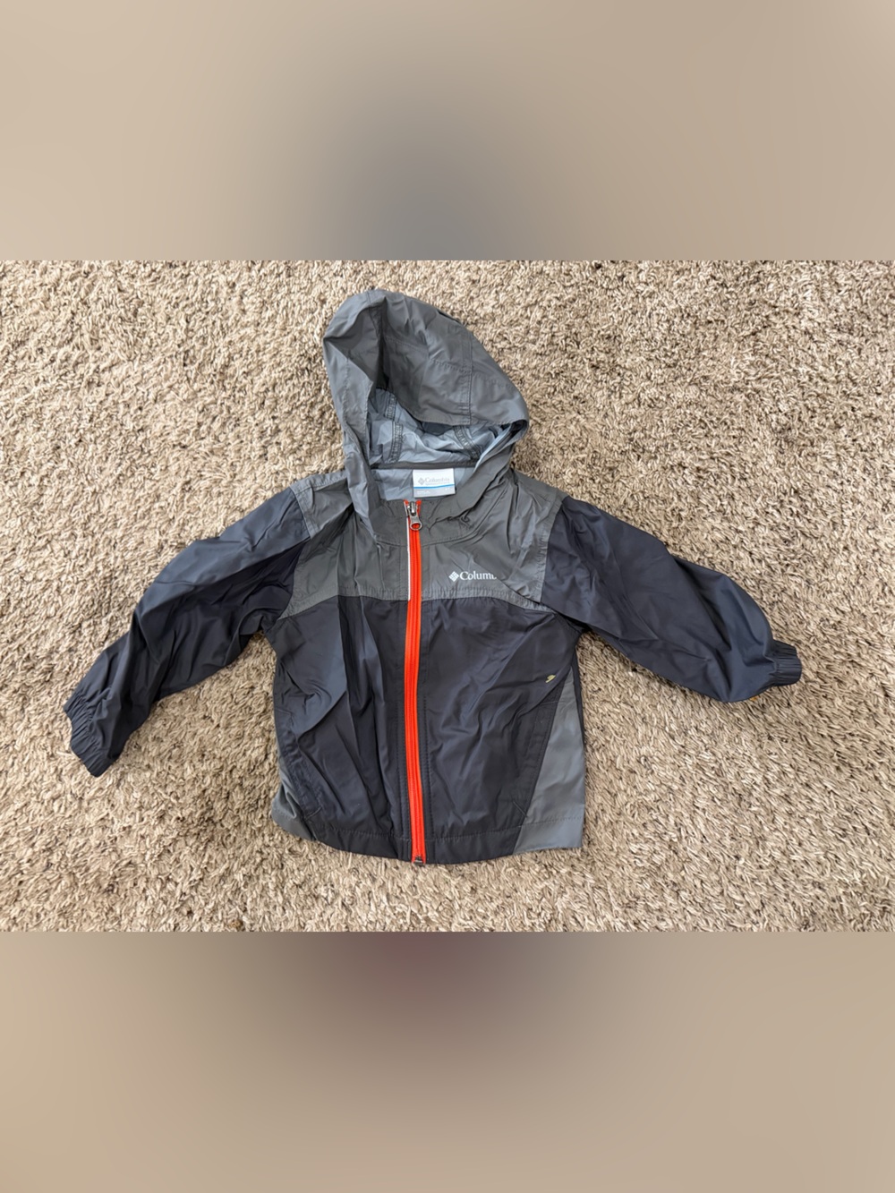 Columbia Kids Black and Gray Hooded Rain Jacket with Red Zipper